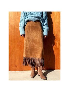 High-Waisted Suede Fringe Midi Skirt